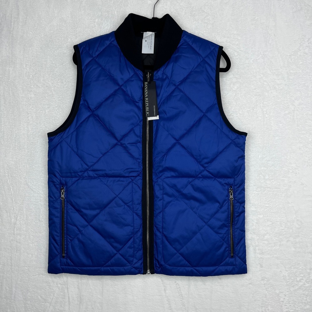 Banana Republic Reversible Quilted Puffer Performance Vest Mens M Black Blue NWT